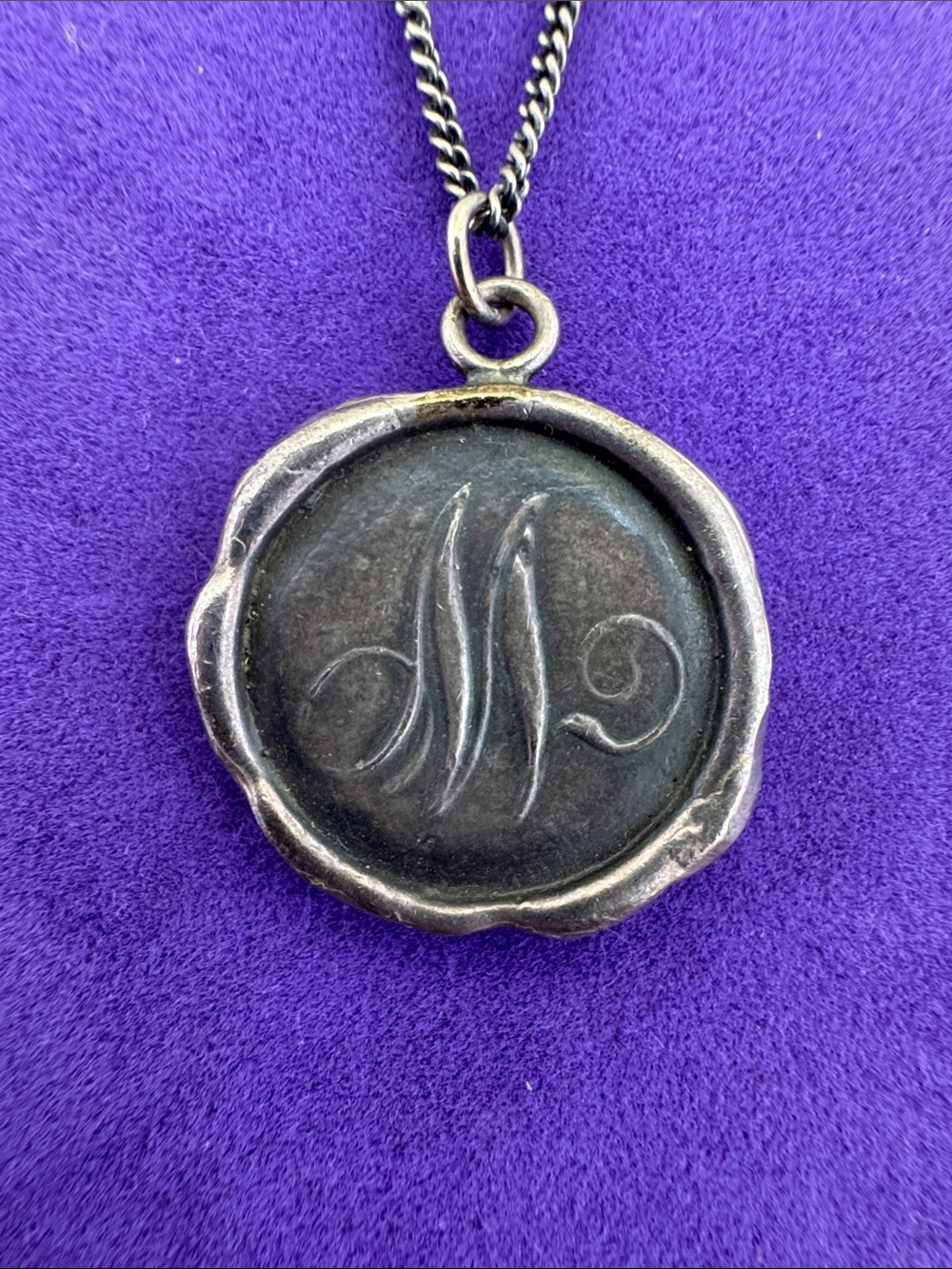 💛 Sterling Silver Pyrrha “M” Monogram Wax Seal Necklace | Classic Designer - Picture 2 of 6